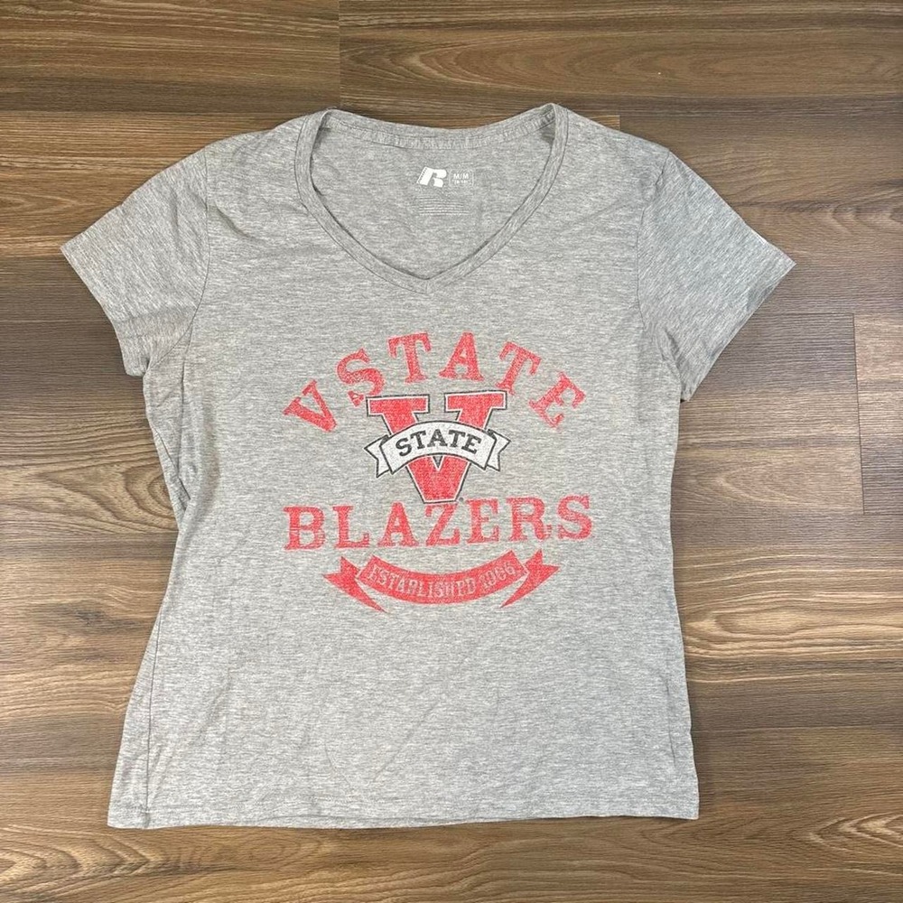 Gray Russell Athletic V-State Blazers cotton t-shirt with red graphic featuring
